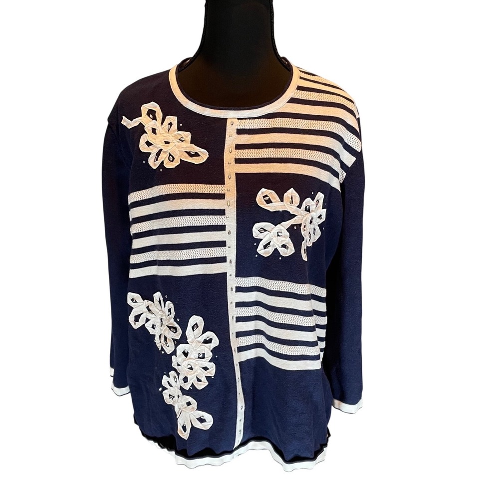 Alfred Dunner Womens XL Navy Blue White Striped Floral Ribbon Rhinestone Sweater